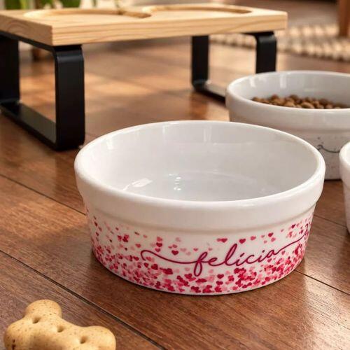 Comedouro ou Bebedouro de Cer�mica Personalizado - Cora��es Azuis ou Rosas