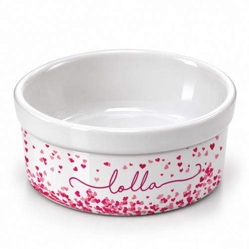 Comedouro ou Bebedouro de Cer�mica Personalizado - Cora��es Azuis ou Rosas