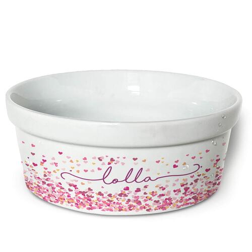 Comedouro/Bebedouro Personalizado Com o Nome do Pet - Tigela de Cer�mica para Pets - Cora��es Rosas