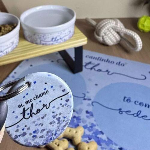 Comedouro ou Bebedouro de Cer�mica Personalizado - Cora��es Azuis ou Rosas