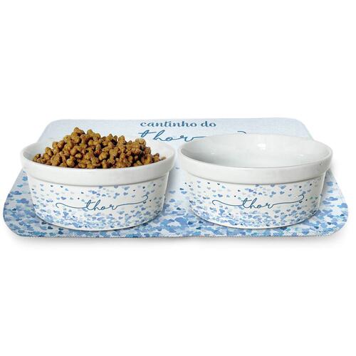 Kit Comedouro + Bebedouro + Tapete Personalizados Com o Nome do Pet - Cora��es Azuis