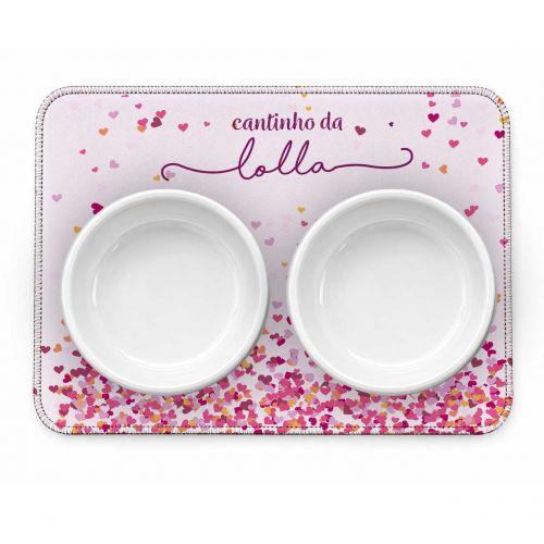 Kit Comedouro + Bebedouro + Tapete Personalizados Com o Nome do Pet - Cora��es Azuis ou Rosas Rosas