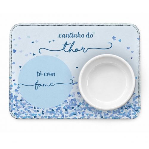 Kit Comedouro + Bebedouro + Tapete Personalizados Com o Nome do Pet - Cora��es Azuis ou Rosas Rosas