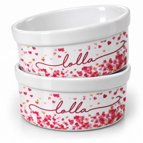 Kit Comedouro + Bebedouro + Tapete Personalizados Com o Nome do Pet - Cora��es Azuis ou Rosas Rosas