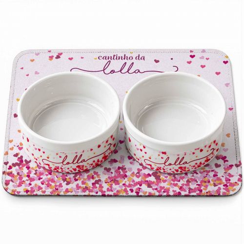 Kit Comedouro + Bebedouro + Tapete Personalizados Com o Nome do Pet - Cora��es Azuis ou Rosas Rosas