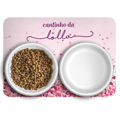 Kit Comedouro + Bebedouro + Tapete Personalizados Com o Nome do Pet - Cora��es Rosas