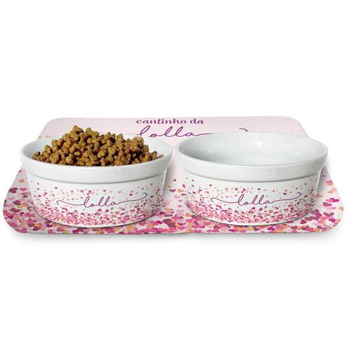 Kit Comedouro + Bebedouro + Tapete Personalizados Com o Nome do Pet - Cora��es Rosas