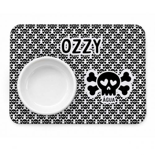 Kit Comedouro + Bebedouro + Tapete Personalizados Com o Nome do Pet - Caveiras