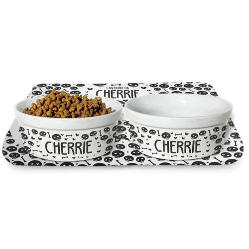 Kit Comedouro + Bebedouro + Tapete Personalizados Com o Nome do Pet - Caveiras