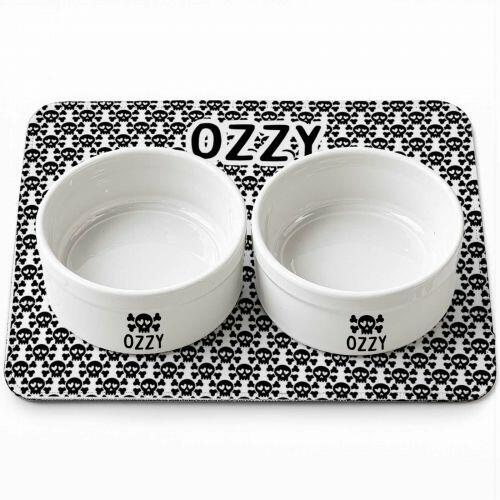 Kit Comedouro + Bebedouro + Tapete Personalizados Com o Nome do Pet - Caveiras