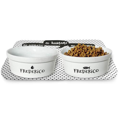 Kit Comedouro + Bebedouro + Tapete Personalizados para Gato - Preto e branco