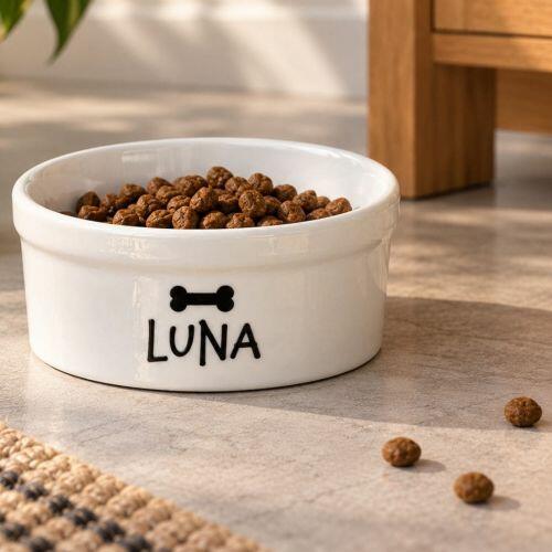 Kit Comedouro + Bebedouro + Tapete Personalizados para Cachorro - Preto e branco