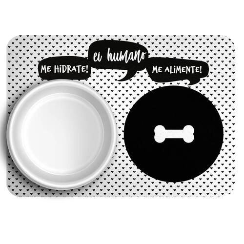 Kit Comedouro + Bebedouro + Tapete Personalizados para Cachorro - Preto e branco