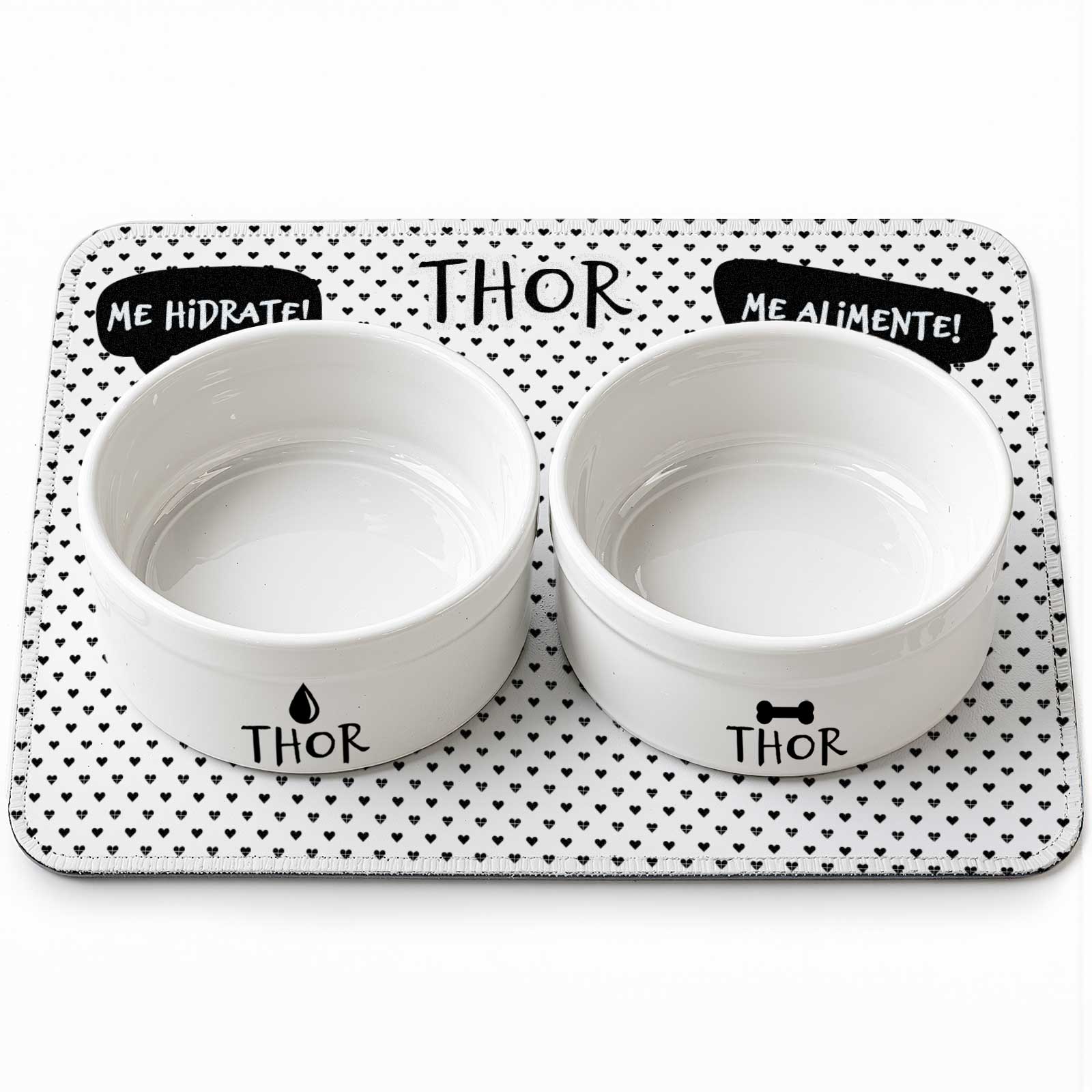Kit Comedouro + Bebedouro + Tapete Personalizados para Cachorro - Preto e branco