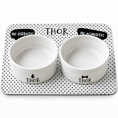 Kit Comedouro + Bebedouro + Tapete Personalizados para Cachorro - Preto e branco