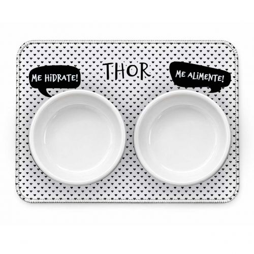 Kit Comedouro + Bebedouro + Tapete Personalizados para Cachorro - Preto e branco