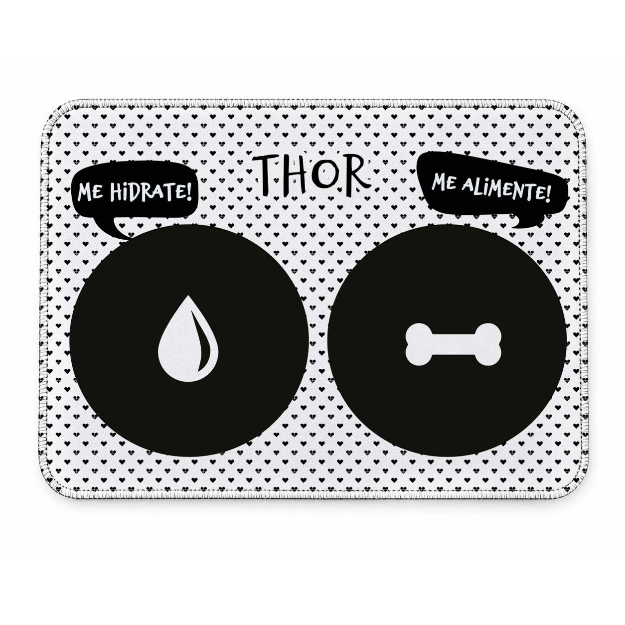 Kit Comedouro + Bebedouro + Tapete Personalizados para Cachorro - Preto e branco