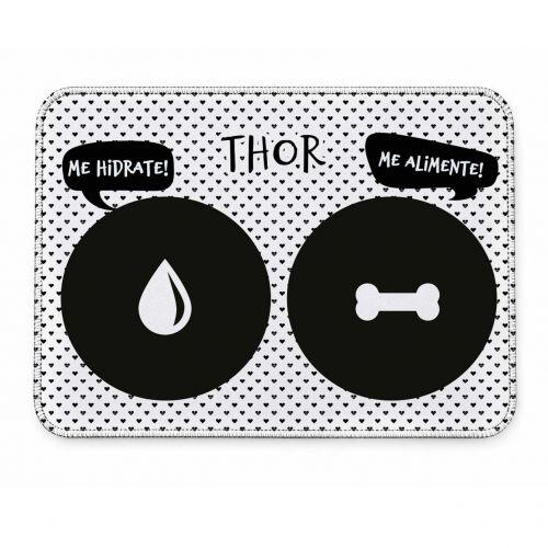 Kit Comedouro + Bebedouro + Tapete Personalizados para Cachorro - Preto e branco