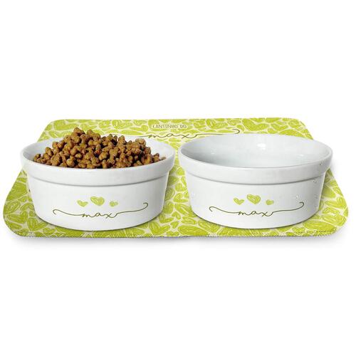 Kit Comedouro + Bebedouro + Tapete Personalizados para Pets - Tr�s Cora��es - Verde