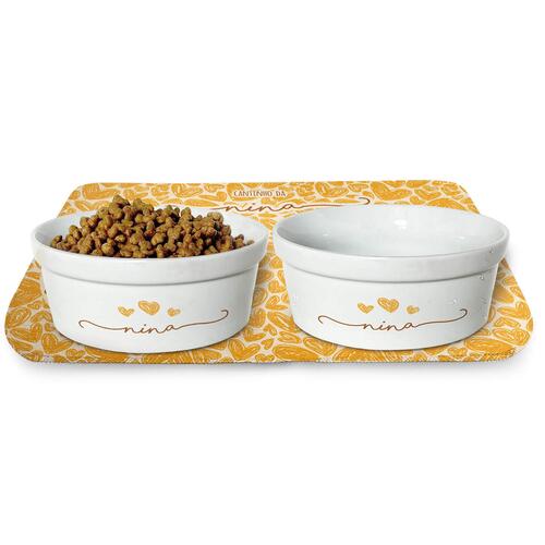 Kit Comedouro + Bebedouro + Tapete Personalizados para Pets - Tr�s Cora��es - Laranja