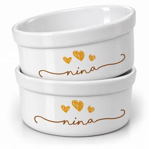 Kit Comedouro e Bebedouro Personalizado para Pets - Tigelas de Cer�mica tr�s Cora��es - Escolha a Cor