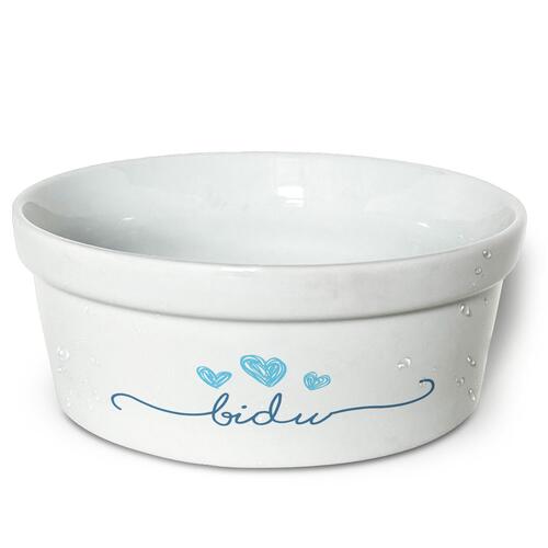 Comedouro/Bebedouro Personalizado Com o Nome do Pet - Tigela de Cer�mica para Pets - Tr�s Cora��es - Azul
