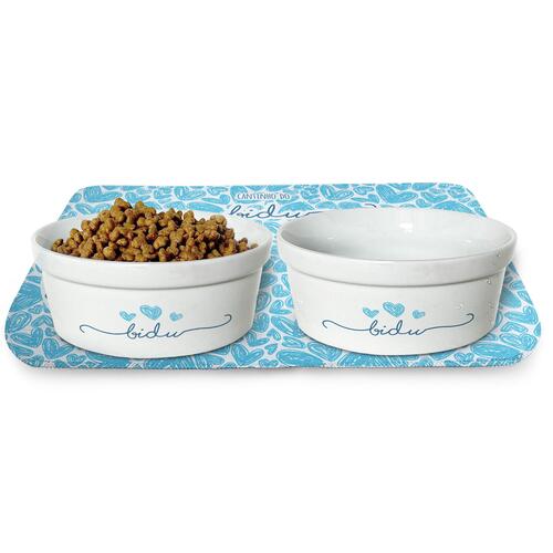 Kit Comedouro + Bebedouro + Tapete Personalizados para Pets - Tr�s Cora��es - Azul