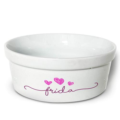 Comedouro/Bebedouro Personalizado Com o Nome do Pet - Tigela de Cer�mica para Pets - Tr�s Cora��es - Rosa
