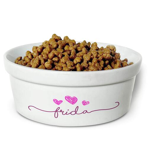 Comedouro/Bebedouro Personalizado Com o Nome do Pet - Tigela de Cer�mica para Pets - Tr�s Cora��es - Rosa