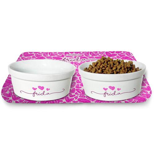 Kit Comedouro + Bebedouro + Tapete Personalizados para Pets - Tr�s Cora��es - Rosa