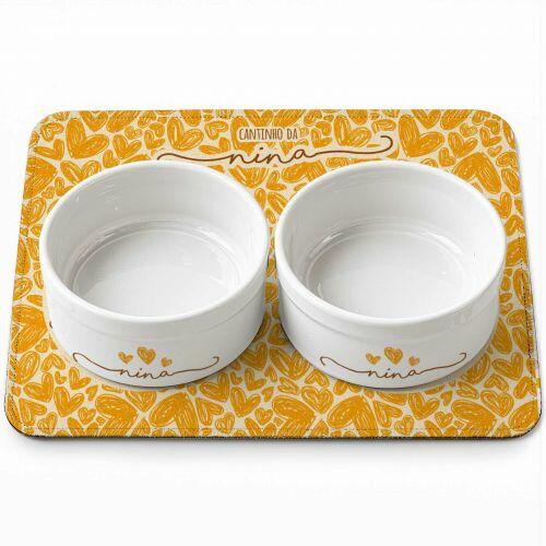Kit Comedouro + Bebedouro + Tapete Personalizados para Pets - Três Corações - Escolha a Cor