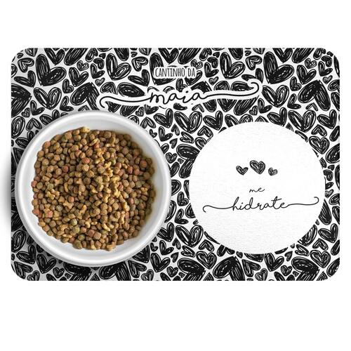 Kit Comedouro + Bebedouro + Tapete Personalizados para Pets - Tr�s Cora��es - Preto