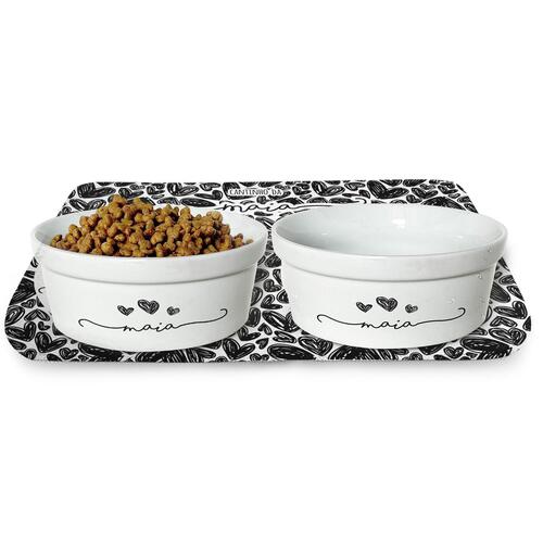 Kit Comedouro + Bebedouro + Tapete Personalizados para Pets - Tr�s Cora��es - Preto