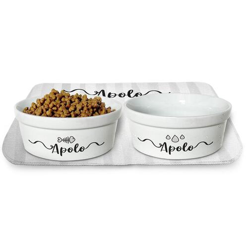 Kit Comedouro + Bebedouro + Tapete Personalizados para Pets - Listras Cinzas - Escolha os �cones