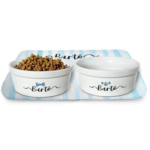 Kit Comedouro + Bebedouro + Tapete Personalizados para Pets - Listras Azuis - Escolha os �cones