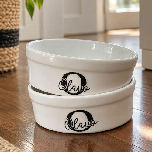 Kit Comedouro e Bebedouro de Cer�mica Personalizados - Monograma - Escolha a Cor