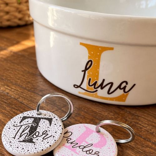 Kit Comedouro e Bebedouro de Cer�mica Personalizados - Monograma - Escolha a Cor