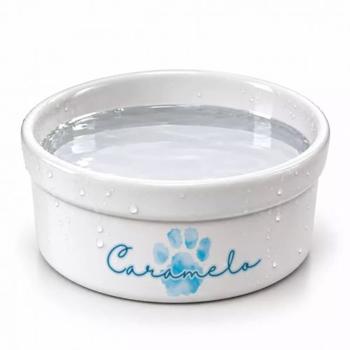 Comedouro ou Bebedouro de Cer�mica Personalizado - Patinha Aquarela Azul ou Rosa
