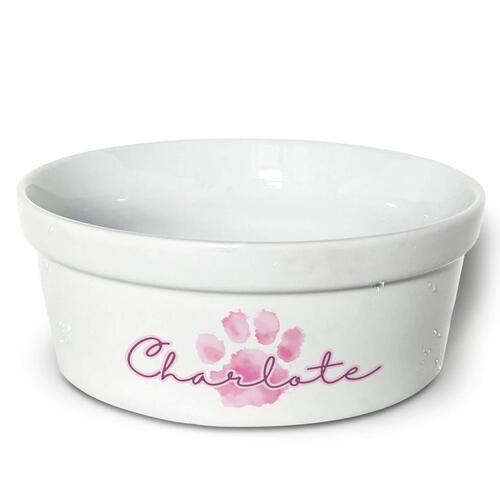 Comedouro/Bebedouro Personalizado Com o Nome do Pet - Tigela de Cer�mica para Pets - Patinha Aquarela - Rosa