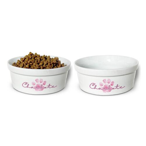 Kit Comedouro + Bebedouro Personalizados Com o Nome do Pet - Dupla de Tigelas de Cer�mica para Pets - Patinha Aquarela - Rosa