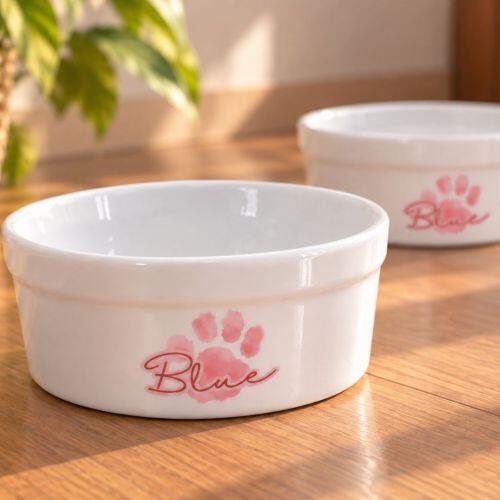 Kit Comedouro e Bebedouro de Cer�mica com Nome do Pet - Patinha Aquarela Azul ou Rosa Rosa