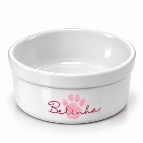 Kit Comedouro e Bebedouro de Cer�mica com Nome do Pet - Patinha Aquarela Azul ou Rosa Rosa
