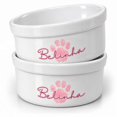 Kit Comedouro + Bebedouro Personalizados Com o Nome do Pet - Dupla de Tigelas de Cer�mica para Pets - Patinha Aquarela - Rosa
