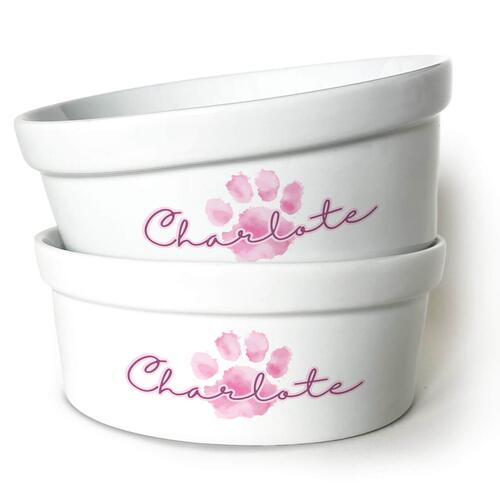Kit Comedouro + Bebedouro Personalizados Com o Nome do Pet - Dupla de Tigelas de Cer�mica para Pets - Patinha Aquarela - Rosa
