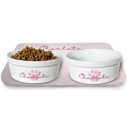 Kit Comedouro + Bebedouro + Tapete Personalizados - Patinha Aquarela - Rosa