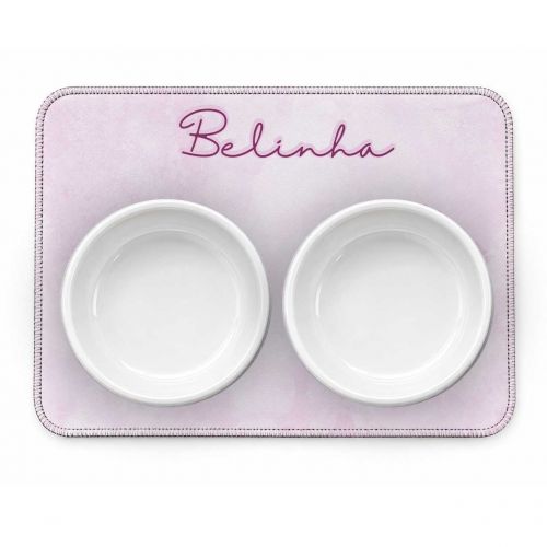 Kit Comedouro + Bebedouro + Tapete Personalizados - Patinha Aquarela - Azul ou Rosa