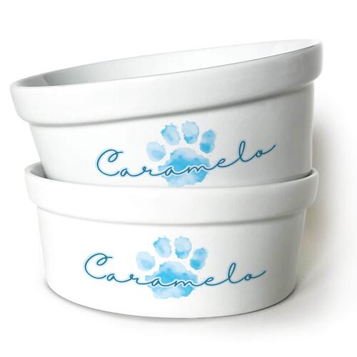 Kit Comedouro + Bebedouro Personalizados Com o Nome do Pet - Dupla de Tigelas de Cer�mica para Pets - Patinha Aquarela - Azul