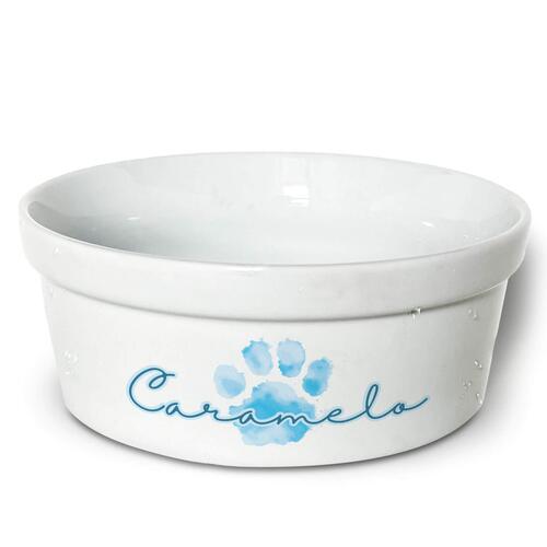 Kit Comedouro + Bebedouro Personalizados Com o Nome do Pet - Dupla de Tigelas de Cer�mica para Pets - Patinha Aquarela - Azul