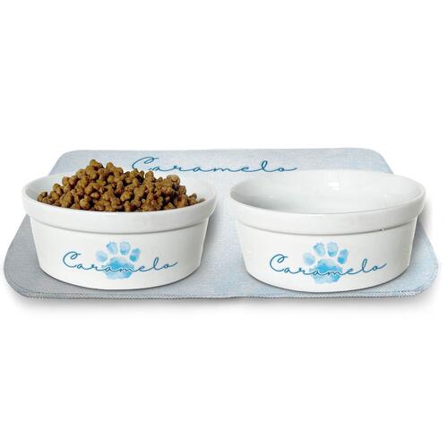 Kit Comedouro + Bebedouro + Tapete Personalizados - Patinha Aquarela - Azul