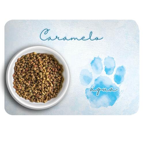 Kit Comedouro + Bebedouro + Tapete Personalizados - Patinha Aquarela - Azul